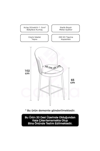 Canisa Alte Serisi 65 Cm Gri Ada Mutfak Bar Sandalyesi Babyface Kumaş Beyaz Metal Ayaklı Sandalye Gri Ayaklar Beyaz