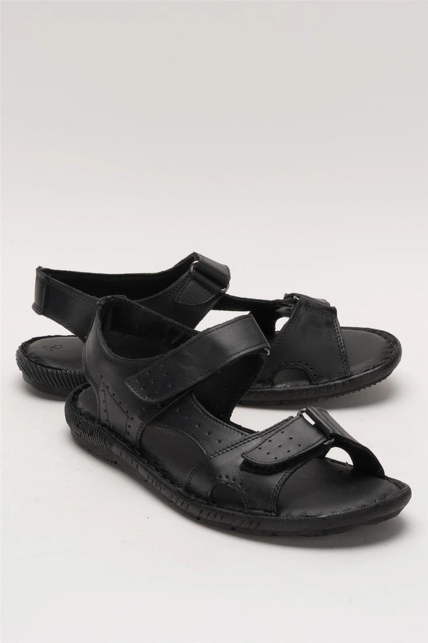 Erkek İçi Dışı Hakiki Deri Ortopetik Yazlık Esnek Ve Çok Hafif Günlük Ayakkabı Sandalet Siyah Siyah