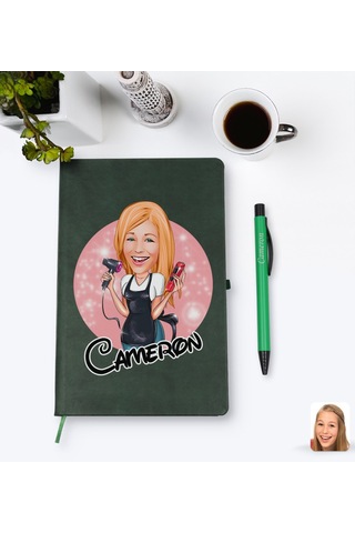 Kişiye Özel Kadın Kuaför Karikatürlü Yeşil Termo Deri Defter Kale N11.2954