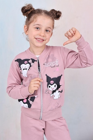 Karakter Baskılı Penye Ceketli - Penye Sweatshirt - Penye Pantolonlu Kız Çocuk 3lü Takım Gül Kurusu