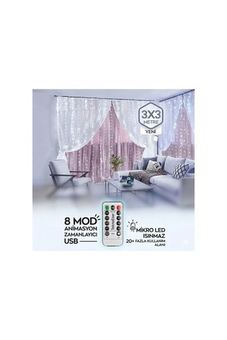 3x3 Metre Kumandali Beyaz Peri Led Perde Isik 8 Fonksiyonlu Zamanlayicili Animasyonlu Usb