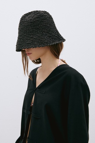 Suud Collection Siyah Tess Düğmeli V Yaka Keten Bluz