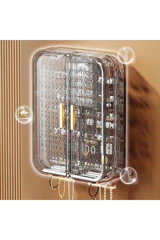 Siyah Ve Gri Duvara Monte Küpe Ve Kolye Saklama Rafı, Şeffaf Plastik A