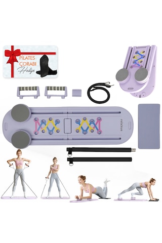 Çok Fonksiyonlu Pilates Fitness Tahtası Direnç Bant Ev Core Karın Kol Sırt Güçlendirme Egzersiz Mor Renk Çorap Hediye