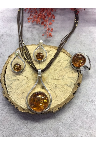 Kehribar Taşlı Gümüş Set 925 Ayar El İşi