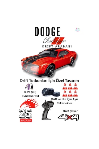 25 Km/h Hız Yapan Dodge Challenger Görünümlü Şarjlı 2.4 Ghz Uzaktan Kumandalı Drift Araba Kırmızı