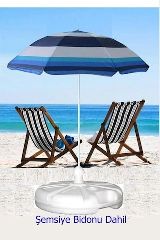 Büyük Boy 20lt Şemsiye Bidonu İle 180cm Katlanır Güneş Şemsiyesi Plaj Deniz Bahçe Balkon Piknik Kamp Beyaz - Mavi