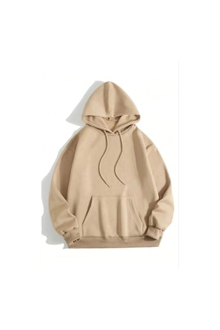 Mbb E-ticaret Kadın Kapüşonlu Kanguru Cepli 3 İplik Pamuklu Düz Hoodie Sweatshirt - Bej