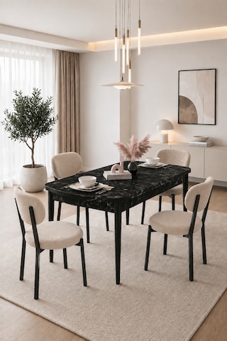 Renlife Açılır Yemek Masası Ve Sandalye Seti Metal Ayaklı 4 Sandalye + 80x130 Masa Bendir Bendir Krem