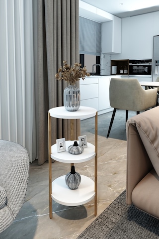 Beyaz Modern 3 Raflı Yuvarlak Yan Sehpa - Şık Tasarım Sunum Ünitesi