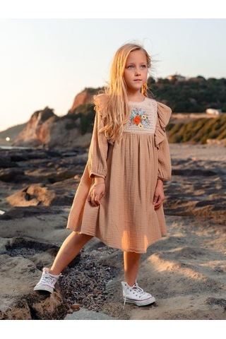 Kız Çocuk Pamuklu Çiçek Dantelli Turvakar Kol Elbise-12661-camel Camel
