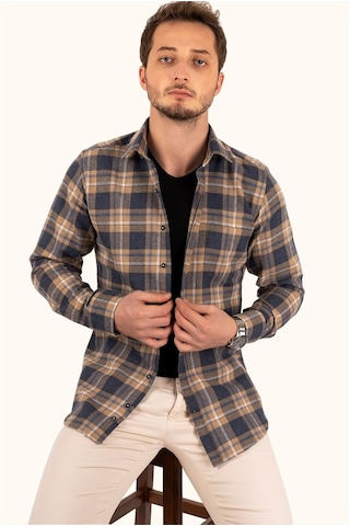 Hardal Lacivert Çizgili Slimfit Oduncu Gömlek Hardal
