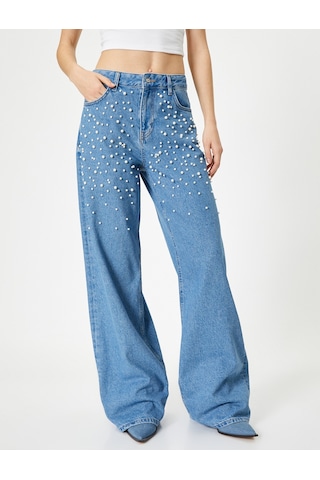 Koton Taşlı Kot Pantolon Geniş Paça Cepli Standart Bel - Bianca Wide Leg Jeans Açık İndigo 4sal40181md Açık İndigo