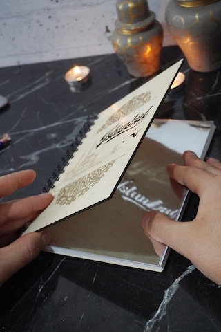 A5 Spiralli Istanbul Desen Ahşap Defter - Ajanda - Çizgisiz Defter Ahşap Rengi Banu - A5 Notebook Gümüş