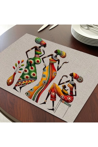 Afrikalı Kadınlar Tasarımlı Amerikan Servis, Tabak Altlığı & Şık Masa Dekoru, Ev Hediyesi, 2 Adet Krem