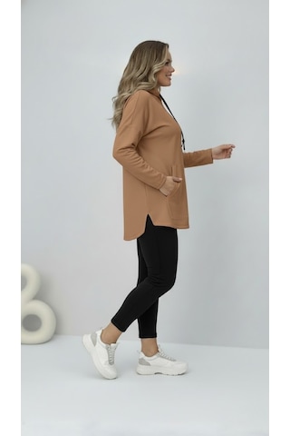 Koza Butik Kadın Büyük Beden Uzun Kollu Kapüşonlu Kanguru Cepli Sweatshirt 2016 Bej