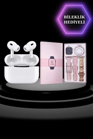 3 Kordonlu Pembe Amoled Ekran Akıllı Saat Ve Yeni Nesil Pro Kablosuz Bluetooth Kulaklık Anc/enc Standart