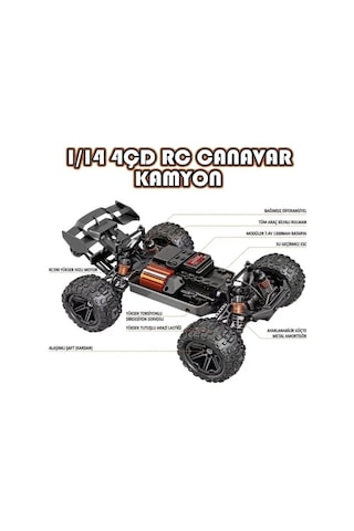 Uzaktan Kumandalı Şarjlı Işıklı 1:14 4wd 55 Km/h Servo Motorlu 2.4ghz Off-road Oyuncak Arazi Arabası Çok Renkli