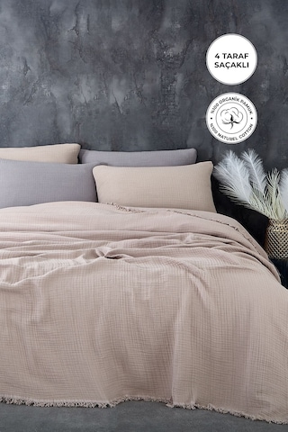 %100 Pamuk Çift Kişilik Müslin Yatak Örtüsü 4 Katlı Yumuşak Battaniye Müslin Pike Takımı 3 Parça Cappuccino Cappucino