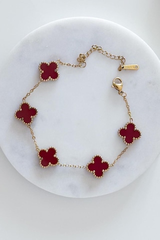 Gold Bordo Doğal Taşlı Premium Çelik Bileklik Gold