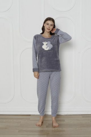 Fawn 3011 Peluş Welsoft Polar Kışlık Kadın Ev Kedi İşlemli Pijama Takımı Gri