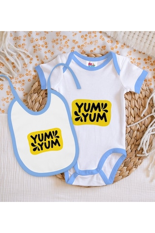 Bk Kids Yum Yum Tasarımlı Mavi Bebek Body Zıbın Ve Mama Önlüğü He Çok Renkli