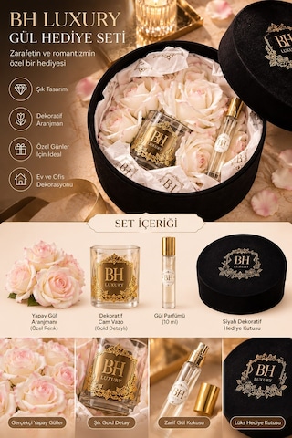 Bh Luxury Beyaz Pembe Yapay Gül Ve Gül Parfümü Hediye Seti Siyah Kutulu Beyaz - pembe