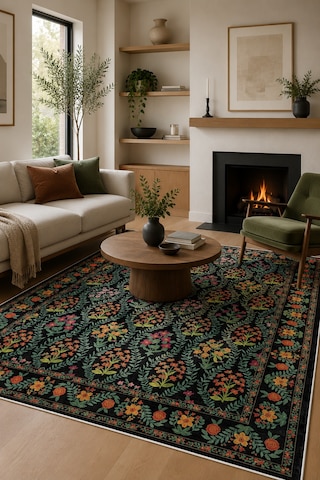 Modern Floral Desen Baskılı Kaymaz Yıkanabilir Salon Oturma Odası Mutfak Balkon Halısı Yolluk Siyah