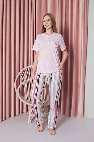 Ahengim Kadın Pijama Takımı Süprem Kısa Kollu Alt Çizgili Göğüs Nakışlı Pamuklu W20722328 ŞEKER PEMBE