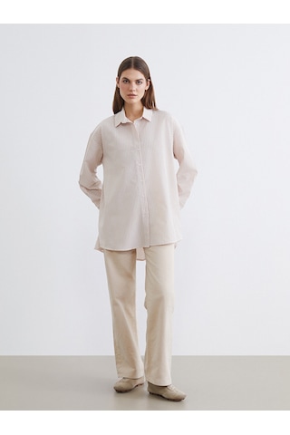 LC Waikiki Lc Waıkıkı Bej Çizgili Oversize Poplin Kadın Gömlek Tunik