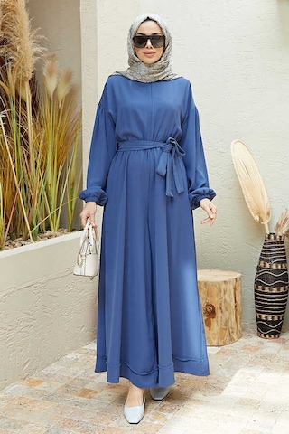 6569-Krep Tulum Elbise İndigo