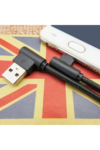 Pc 3m Siyah Android Açılı Örgülü Veri Kablosu, Naylon Usb Şarj Kablosu