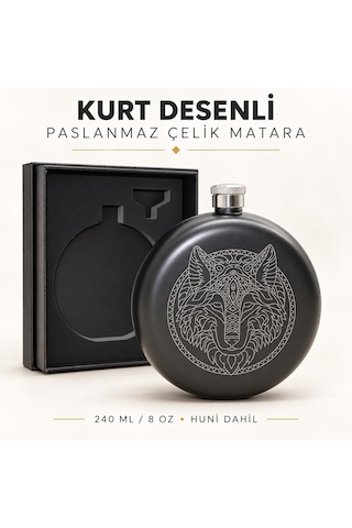 Kurt Desenli Paslanmaz Çelik İçki Matarası 240 Ml 8 Oz Cep Matarası Hunili Kamp Outdoor Erkek Hediye Siyah