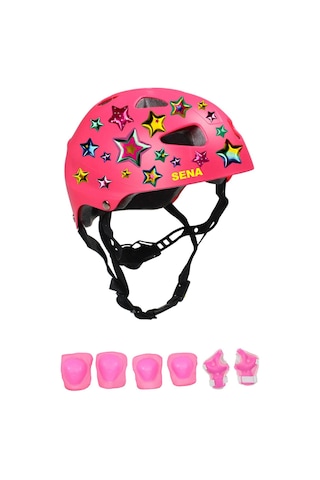 Pembe Çocuk Kaskı Yıldızlar Ve Harfler Stickerlı Spor Koruyucu Kask Pembe Dizlik Dirseklik Seti Pembe