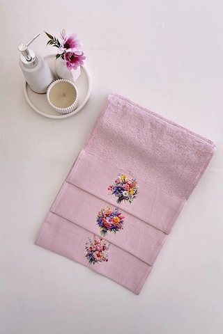 3'lü Çiçek Baskılı Bambu Havlu Takımı - Pembe El & Mutfak Havlusu Seti - Ekstra Yumuşak - 30x50 Cm Pembe
