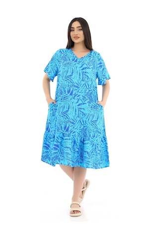 Schık Kadın Viskon Yarım Kol V Yaka Cepli Fırfırlı Elbise Siyah Mavi