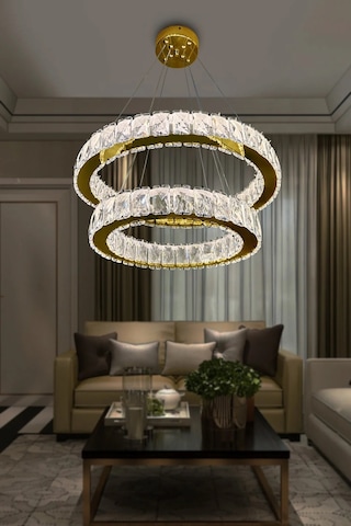 2 Katlı Daire Kristal Taşlı Modern Led Avize Salon & Oturma Oda Çok Renkli