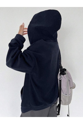 Süper Power Hırka - Lacivert Baskılı Oversize Kapüşonlu Lacivert