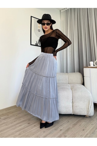 Büzgü Detaylı Beli Lastikli Etek 6005-gri Gri