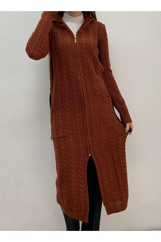 Onno Style Woman Fermuarlı Uzun Triko Hırka Kahverengi