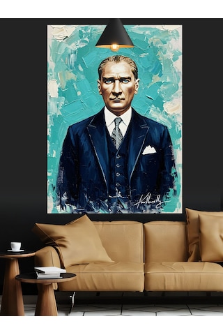 Mavi Fonlu Mustafa Kemal Atatürk Portresi Dekoratif Kanvas - Mdf Ahşap Tablo