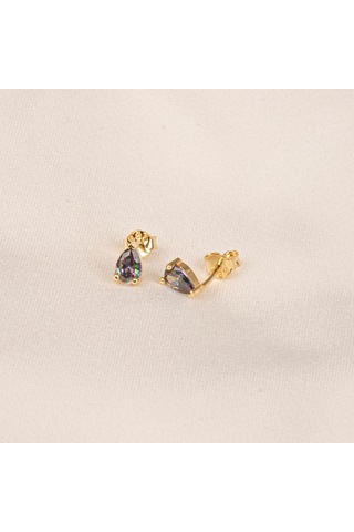 Altın Küpe - 14 Ayar Altın Damla Desenli Mistik Topaz Taşlı Küpe Sarı