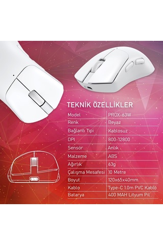 Gameagle PROX-63W Ultra Hafif Kablosuz 3 Mode Optik Oyuncu Mouse