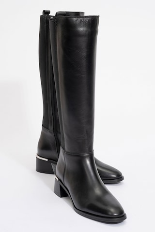 Luvishoes Luvi Shoes Rochos Siyah Cilt Streç Detaylı Hakiki Deri Kadın Çizme Siyah Mat