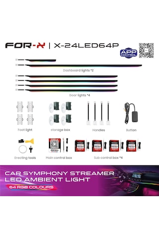 For-x Araç İçi Ambiyans Led Aydınlatma - For-x X-24led64p Animasyonlu 64 Renkli Müziğe Duyarlı Rbg L Çok Renkli