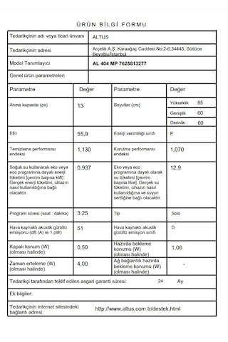 Altus AL 404 MP 13 Kişilik 4 Programlı Bulaşık Makinesi