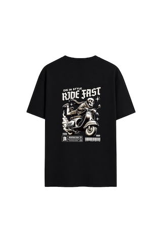 Black Nova Oversize Baskılı Unisex %100 Pamuk T-shirt Ride Fast Siyah