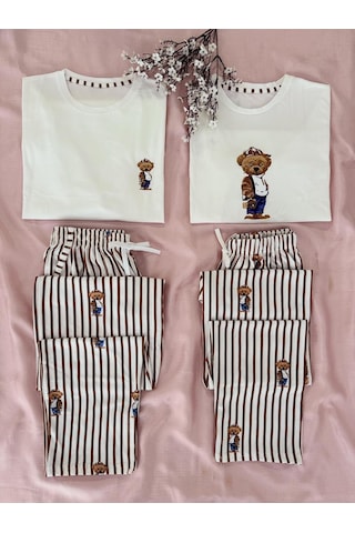 Mh Moony Homewears Erkek Tekli Old Money Küçük Ayıcık Pijama Çift Pijamasının Erkeği E. Ayı Krem