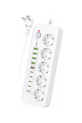 3000w Yeni Tasarım Akım Korumalı 5 Usb'li Ve 5 Type-c Li 5'lı Grup Priz 2 M Uzatma Kablosu Beyaz 2 M
