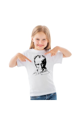 Sıfır Yaka T-shirt - %100 Pamuk Çocuk Atatürk Baskılı Beyaz